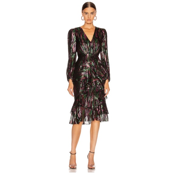 SALONI Black and Pink Leaf Print Midi Dress - Picture 2 of 2